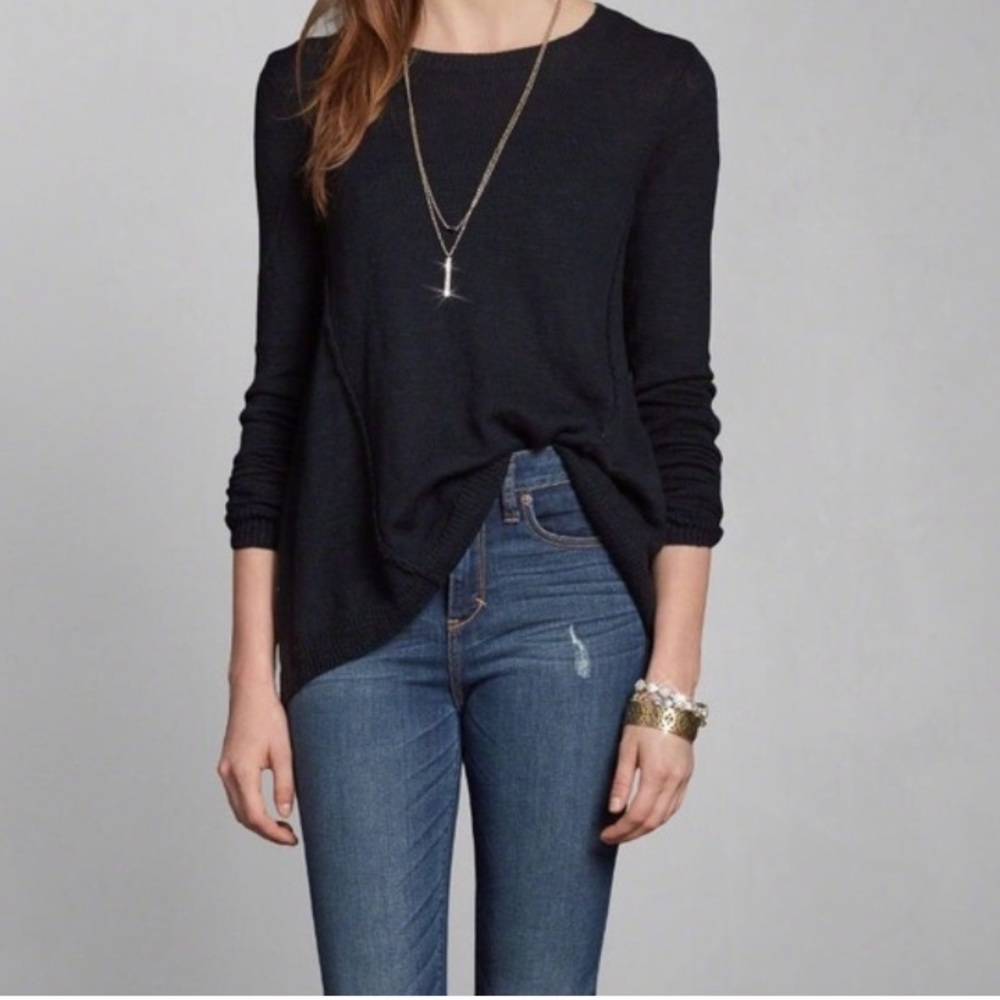 Abercrombie Black Sheer Back Mesh Round Neck Long Sleeve Sweater Cotton Blend
